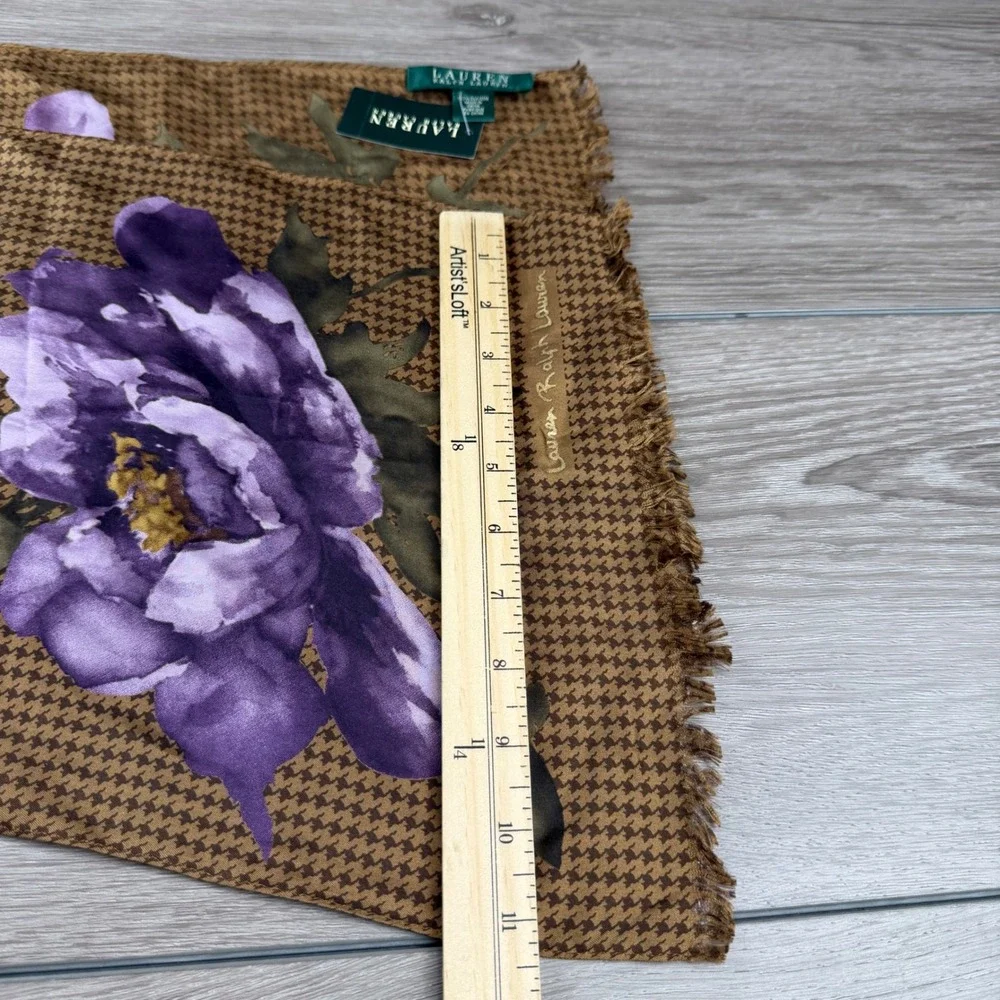 Lauren Ralph Lauren Womens Scarf Silk Floral Houndstooth Brown Purple OS